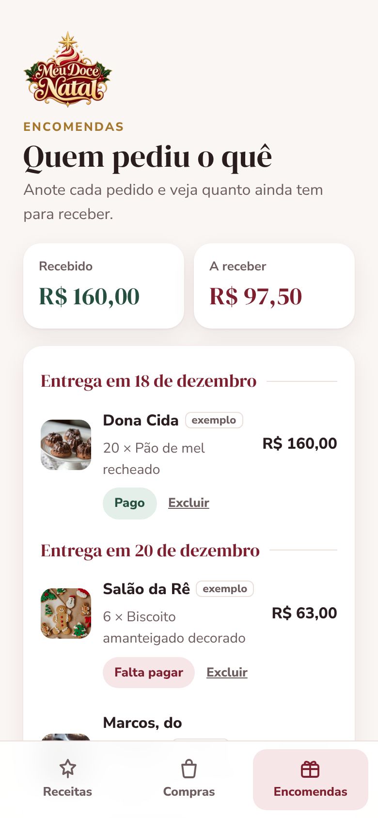 Lista de encomendas com quem já pagou e quem falta pagar