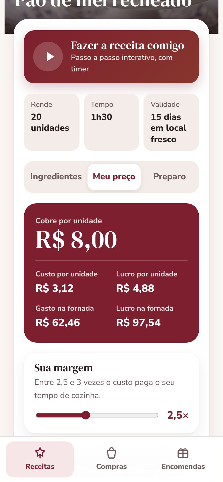Calculadora do app mostrando preço de R$ 8,00 por pão de mel